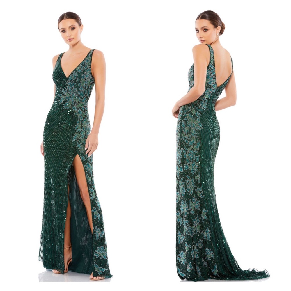 MAC DUGGAL | Beaded Floral V Sequin High Slit Dress Gown Emerald Green 5473